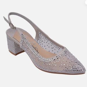 LADY COUTURE DEMI Festive Chic Silver Rhinestone Mesh Slingback Block Heel Shoe